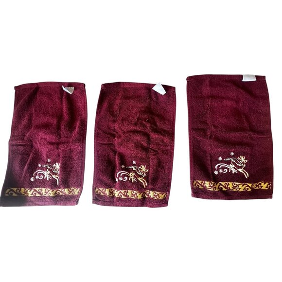 3 Christmas Reindeer Hand Towels 17X10.5Maroon w/ Gold Embroidery 99% Cotton - Picture 5 of 10